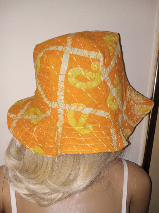 Kantha Sun Hat Tangerine Lilac Calico M-L Reversible Bucket Hat Handmade  KS2.
